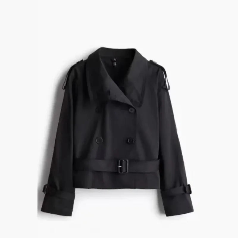 2025 Fashion Double-breasted Design Waist Cropped Trench Coat Jacket Women Elegant High Neck Long Sleeved Lady Commute Outwear