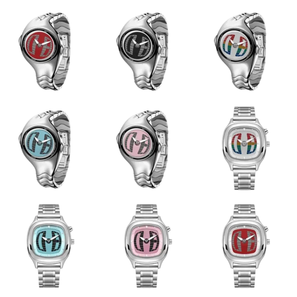 赤、黒、レインボー、青、ピンク、ティールのカラフルな柄付き文字盤を備えた、丸型または角型の文字盤のシルバー調ステンレススチール製Y2Kヴィンテージスクエアドラゴン文字盤の腕時計