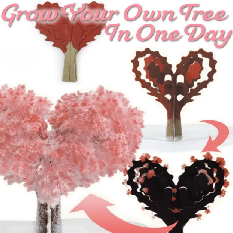 Heart-shaped tree craft kit with layered pink and red paper petals designed to transform from a flat cutout into a fluffy floral display featured in the Magic Growing Christmas Tree Crystal tabletop toy.