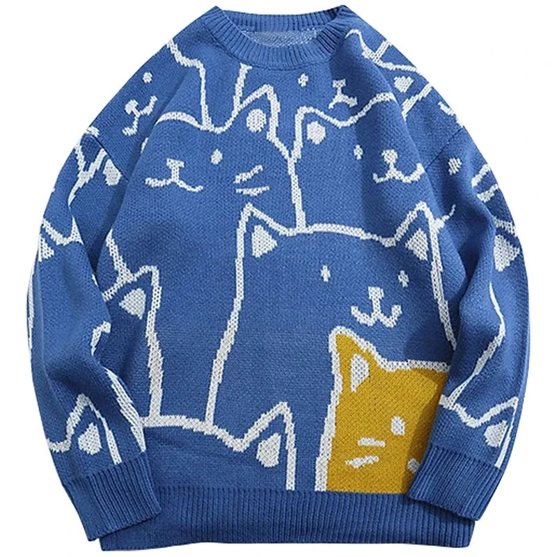 Cartoon Cat Knitted Sweater Men Japanese Retro Harajuku Knitwears Pullover Autumn Winter Jumper Knit Oversized Vintage Sweater