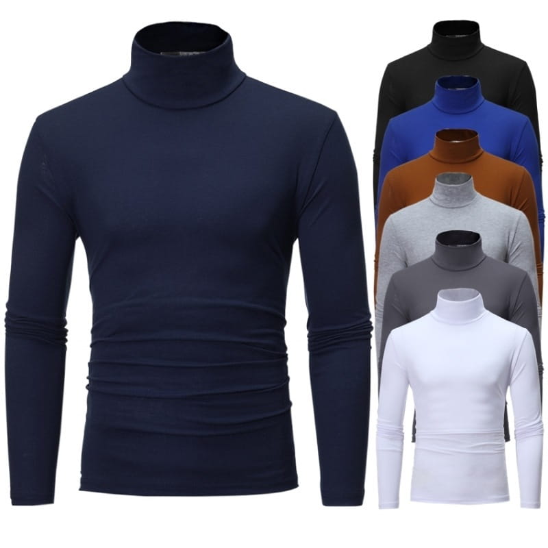 Suéter térmico tipo cuello alto ajustado de manga larga color azul marino para hombre, diseñado para el uso en invierno.