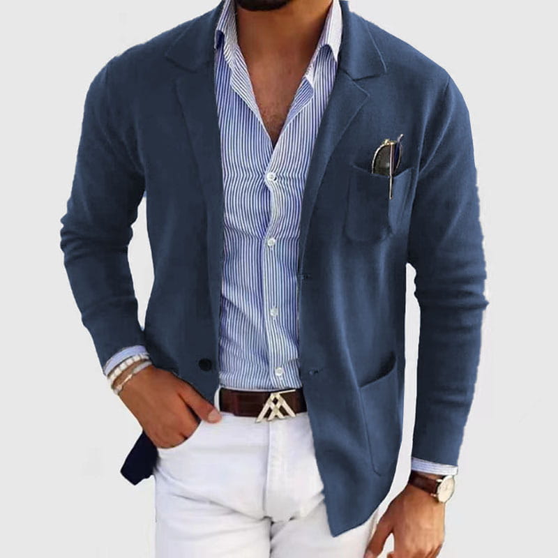 Chaqueta tipo blazer azul marino con textura, de ajuste entallado, para hombre, con solapas tipo púa y diseño de chaqueta de traje de una sola fila de botones.