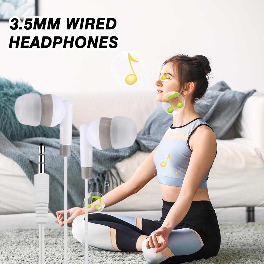 グレーのアクセントを備え、柔軟なケーブルを示したホワイトの3.5mm有線インイヤーステレオヘッドホン(5点セットの一部として掲載)