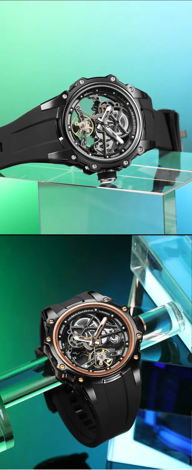 Black Megir automatic skeleton watch with exposed mechanical movement and black rubber strap.