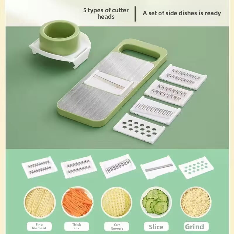 Multi-functional stainless steel vegetable slicer shredder in green and silver with five interchangeable cutting heads for fine filament, thick slice, cut flowers, slicing, and grinding.