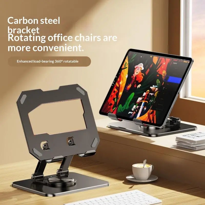 Black carbon steel tablet phone stand with aluminum alloy 360-degree rotatable bracket design for versatile use.