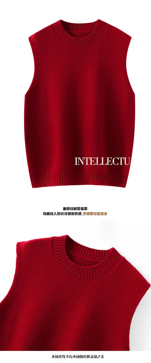 A rich red knitted wool sleeveless vest with a ribbed crew neckline and hem designed as a casual women knit sweater.