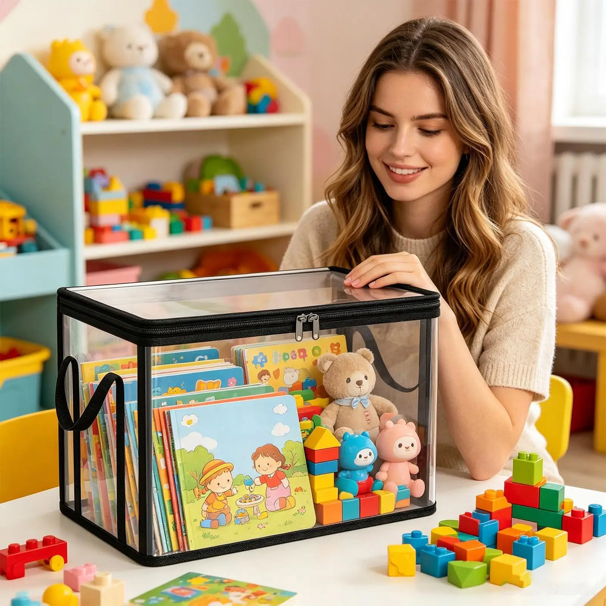 Book Storage Box Clear Stackable Large Capacity Book Storage Containers Organization Bins for Toy Snack Bedding Clothes Home