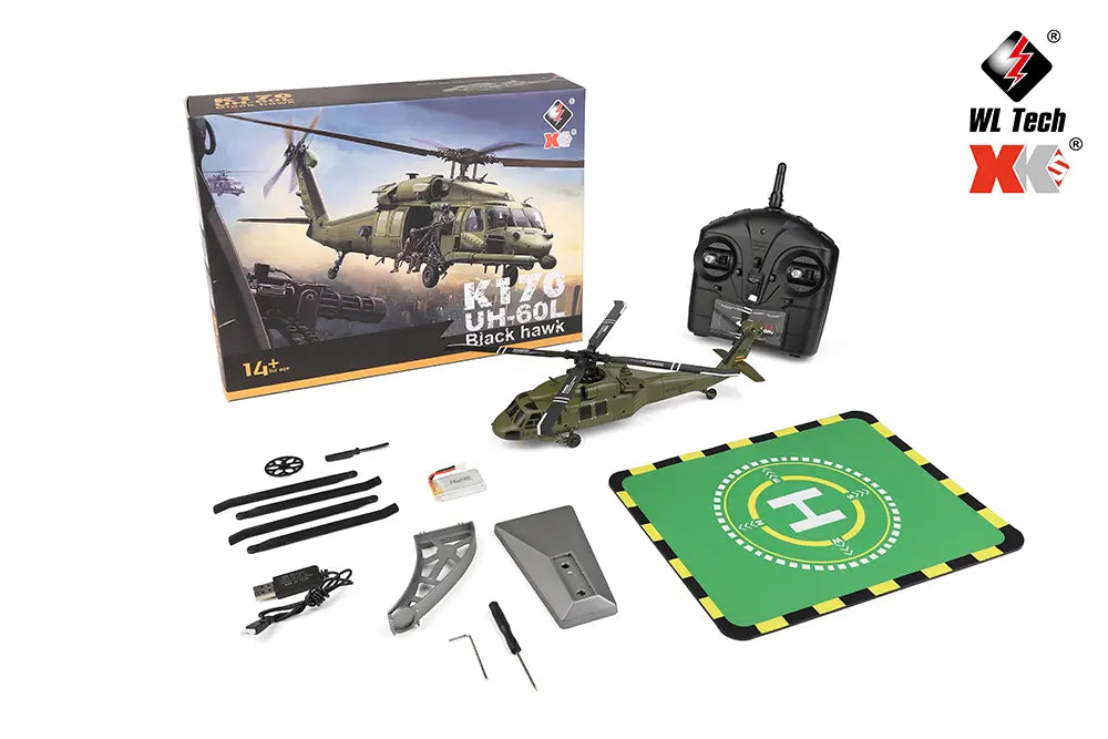 olive green plastic model of wltoys k170 uh-60l black hawk remote control helicopter featuring an 800mah 20c battery for extended flight time