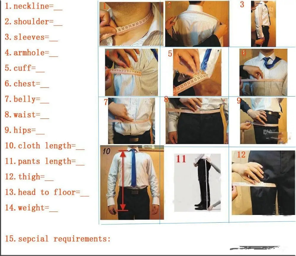 Slim fit men 3-piece tuxedo suit business wedding outfit featuring a white button-up shirt with blue tie dark trousers and measuring tape wrapped around the torso for sizing and closure type adjustment.