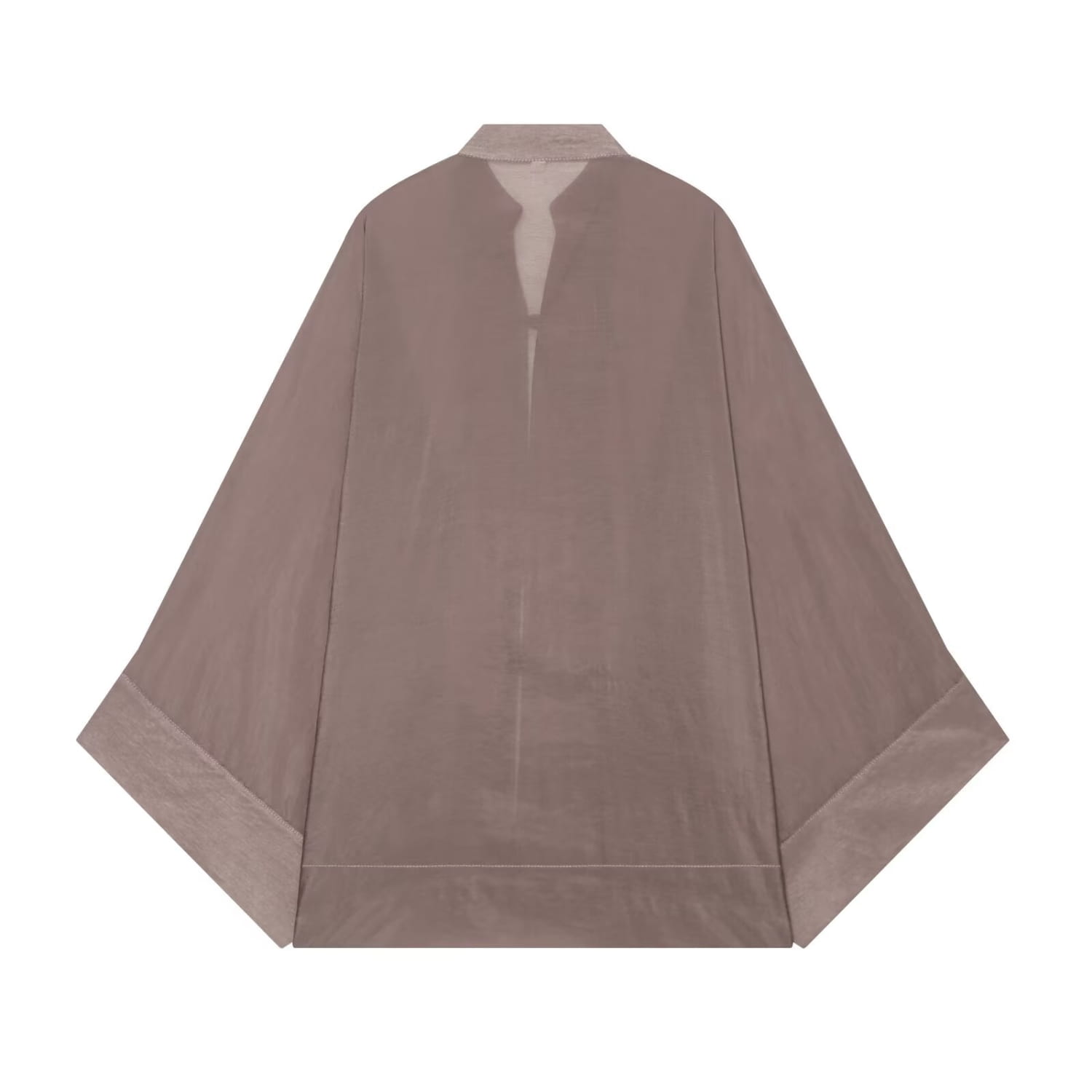 Blouse en soie taupe au style minimaliste, manches amples détendues et détail discret de couture verticale pour des chemises décontractées.