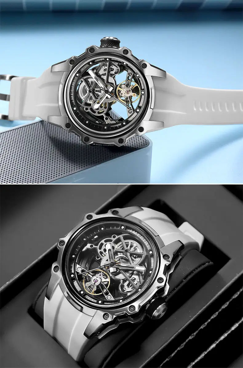 A megir automatic skeleton watch featuring a sleek silver-toned metallic case and white silicone strap.