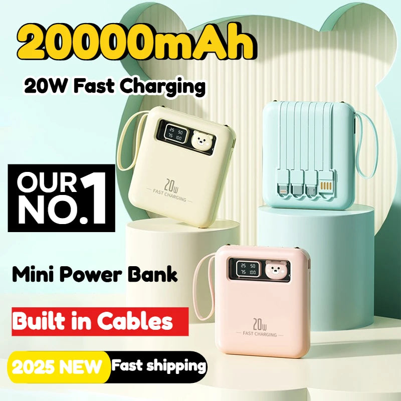 Portable 20W Power Bank Built-in 4 Cables Digital Display Mini External Battery with Lanyard Travel Charger for IPhone Huawei