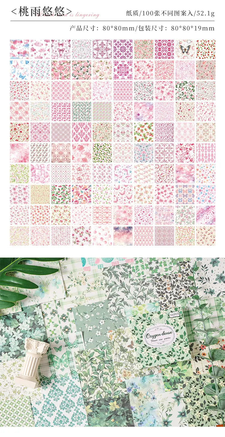 A collection of 100 vintage scrapbooking paper sheets featuring delicate floral and botanical patterns in soft pastel pinks greens and creams suitable for journaling and crafting.