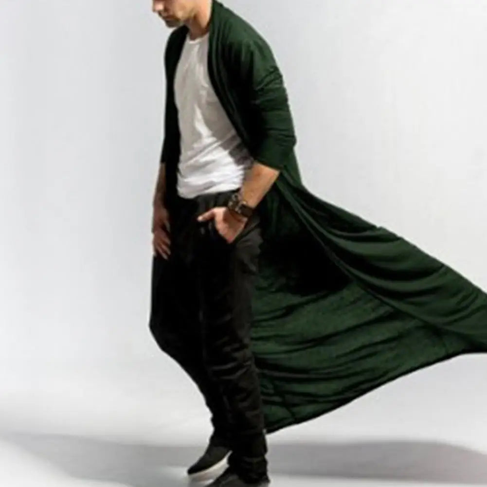 Mens Long Trench Coat Solid Color Long Windbreaker Coat Solid Color Open Front Ankle-Length Men Jacket Cardigan Autumn Outerwear