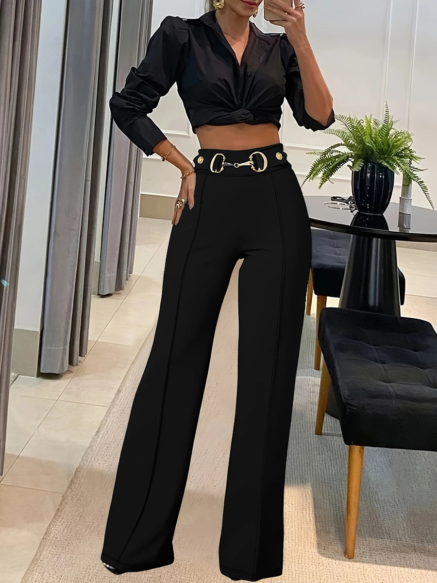 Wide Leg High-Waisted Trousers for Women, Elegant Black Office Pants with Gold Buckle, Professional Business Formal Trousers