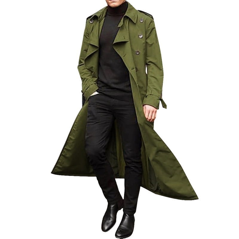 Herren-Langmantel in Olivgrün mit doppelreihigen Knöpfen und Schulterklappen, ideal für Business-Casual-Kleidung.