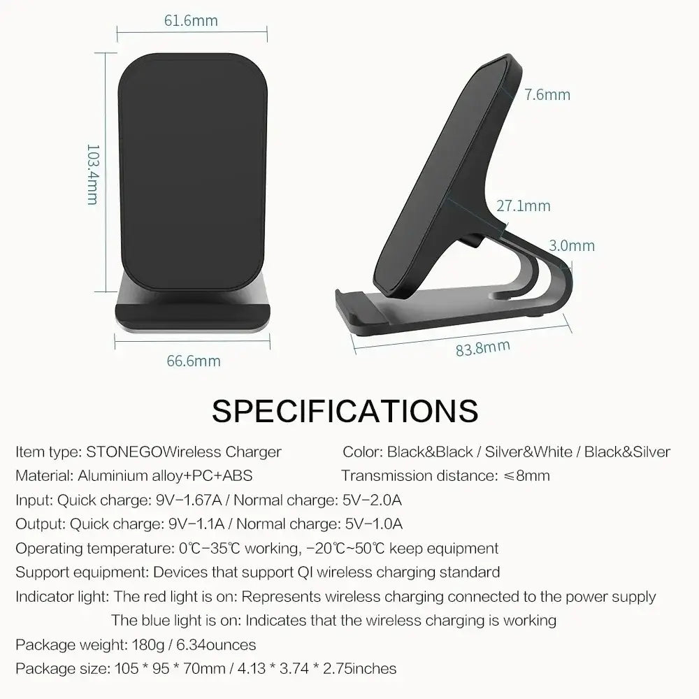 Schwarzes Stonego kabelloses Ladegerät mit 10 W Ausgangsleistung, mit schlankem minimalistischen Design aus Aluminiumlegierung sowie PC+ABS-Materialien, geeignet für den Einsatz als Schnelllade-Ladeständer