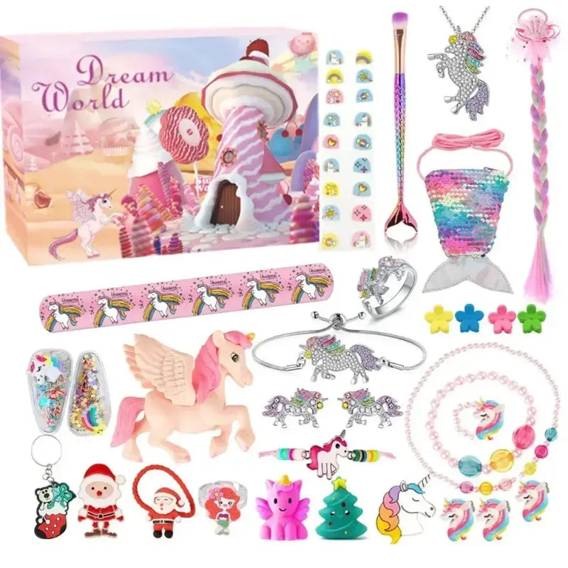 pink unicorn-themed advent calendar girl diy jewelry hairpin set with a variety of accessories including jewelry figurines and decorative items delivered randomly