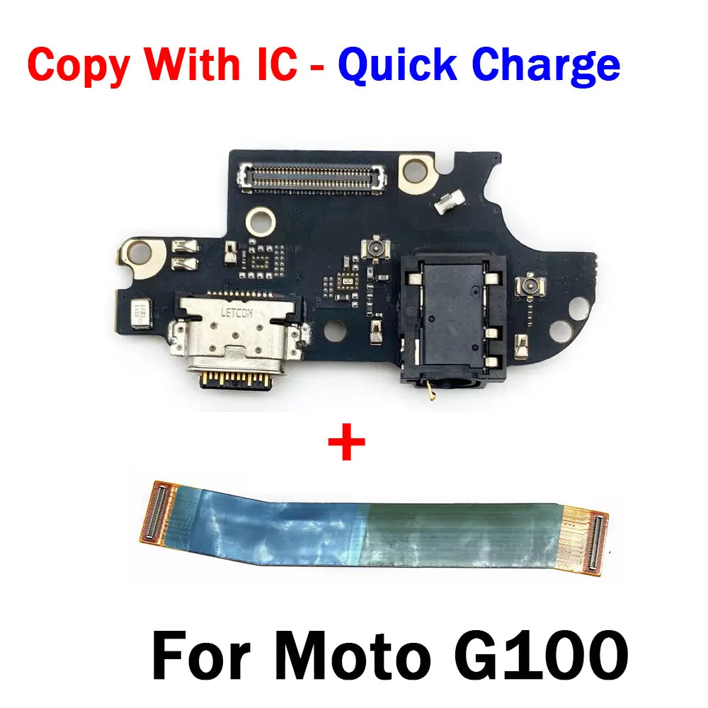 Black circuit board usb charging dock for Motorola Moto g series featuring a silver usb-c port, black charging port, and flexible blue-green ribbon cable.