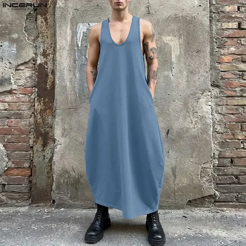 Men Long Style Tank Tops Solid Dresses O-neck Sleeveless Tops Men Clothes Loose Summer Fashion Men's Vests Streetwear INCERUN