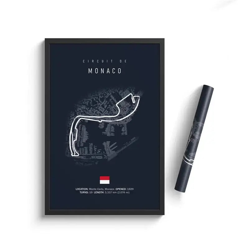 Œuvre murale en toile du circuit de Formule 1 encadrée en noir, présentant un dessin en lignes blanches du circuit de Monaco sur un fond bleu marine foncé, avec du texte et un petit drapeau en bas, adaptée à la décoration de la maison dédiée au sport automobile et à la décoration murale.