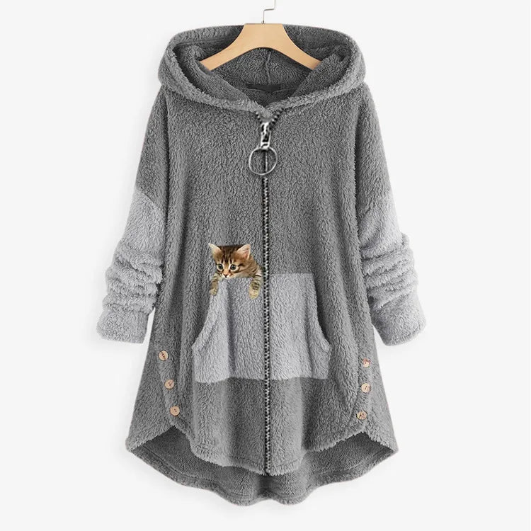 Hoodie Coat Jacket Women Hooded sweatshirt Patchwork Cat Print Zipper Thick Overcoat Streetwear Female Autumn Winter Outerwear