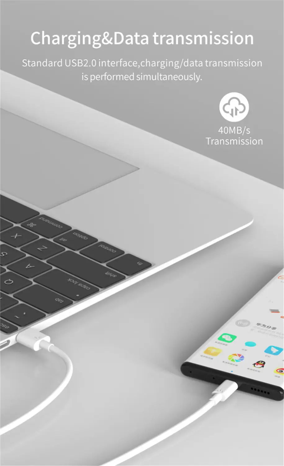 Câble de charge et de transmission de données USB 2.0 blanc avec un design minimaliste élégant, reliant un ordinateur portable et un smartphone pour une utilisation avec le chargeur mural UE rapide 66 W et le câble de type C.