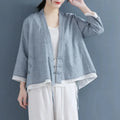 Ethnic Styly Women Tops New Summer Slanted Lapel Three-quarter Sleeve Shirts Vintage Lace V-Neck Loose Cotton Linen Shirt Blouse