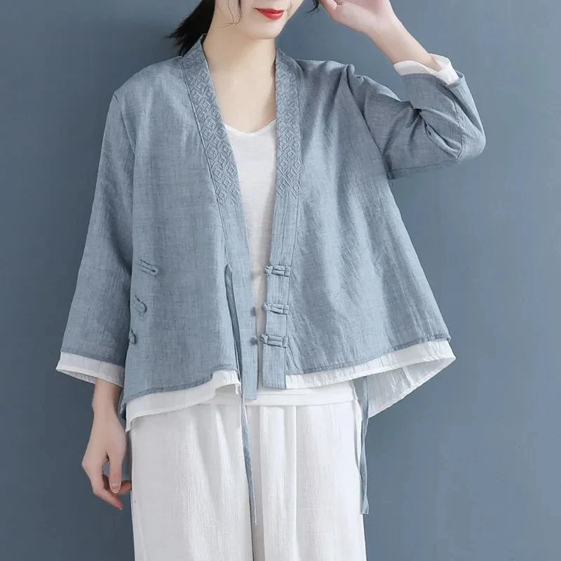 Ethnic Styly Women Tops New Summer Slanted Lapel Three-quarter Sleeve Shirts Vintage Lace V-Neck Loose Cotton Linen Shirt Blouse