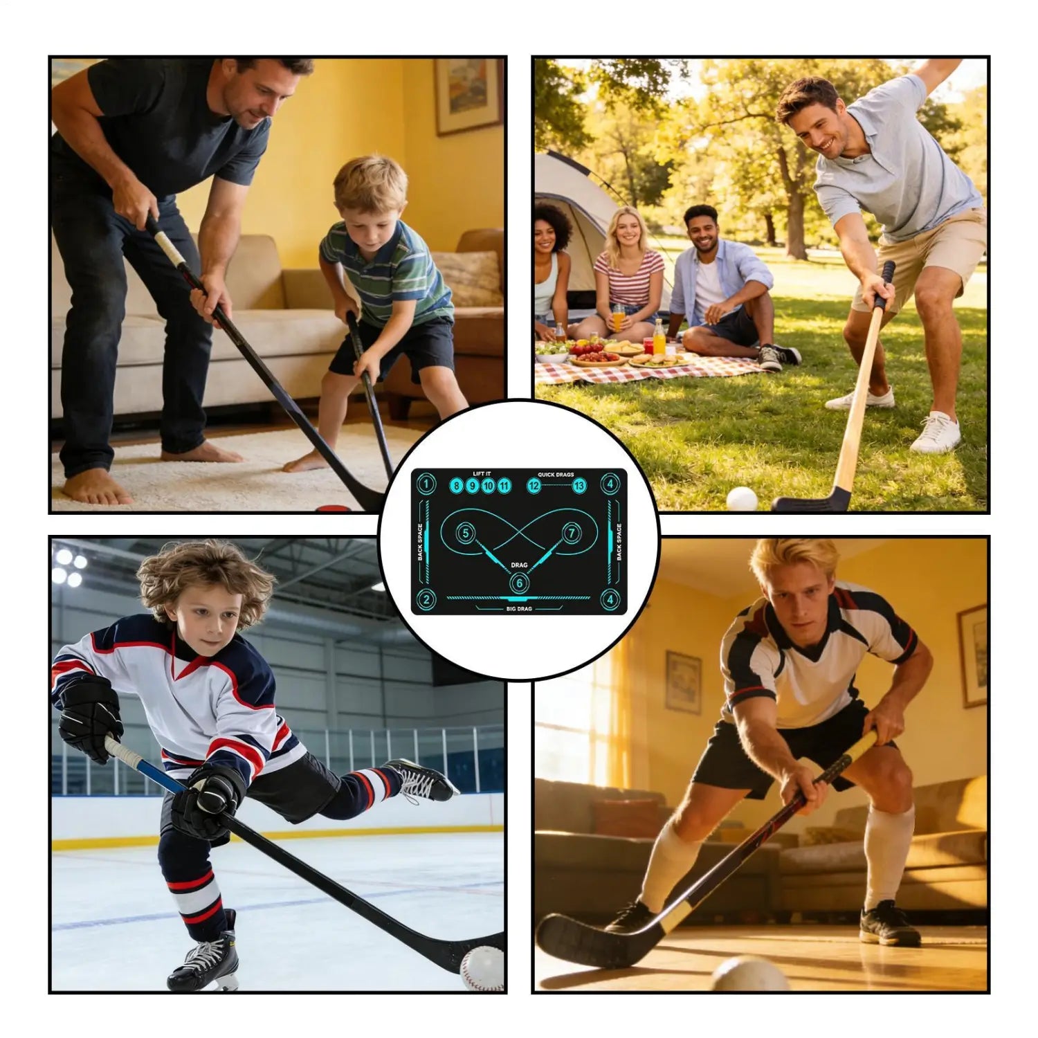 Black hockey stick with white blade and blue handle grip shown on a hockey training mat non slip stickhandling pad.