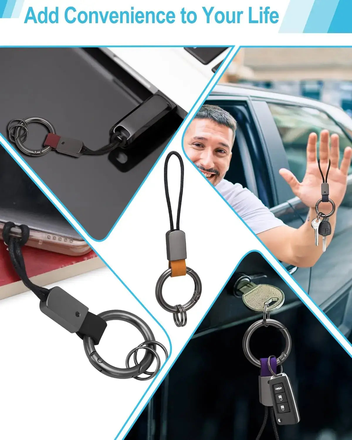 Black braided leather car keychain with gray plastic clip, black cord, and metal ring for universal key holding.