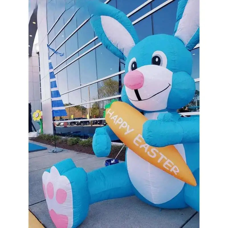Easter Blue Bunny Holding Carrot, Iatable Cartoon Rabbit With Blower For Holiday Event Doorway, Party Decoration