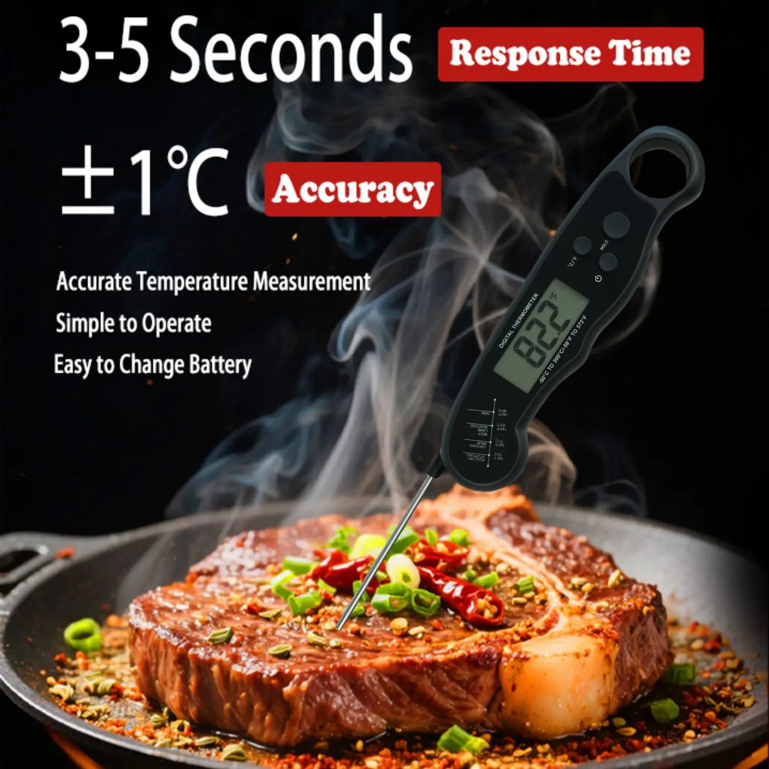 Schwarzes digitales Fleischthermometer mit elegantem ergonomischem Griff und klarer LCD-Anzeige, die die sofort ablesbare Temperatur zum Garen von Speisen anzeigt.