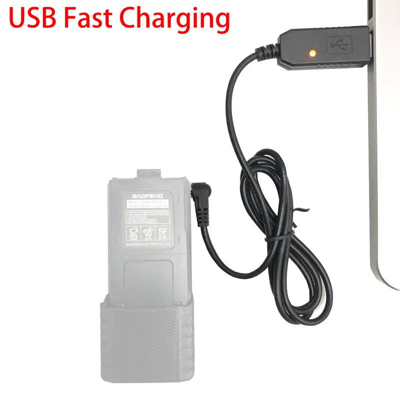 Gray plastic baofeng battery charger with black usb charging cable and connector for uv10r walkie talkie usb charging cable.