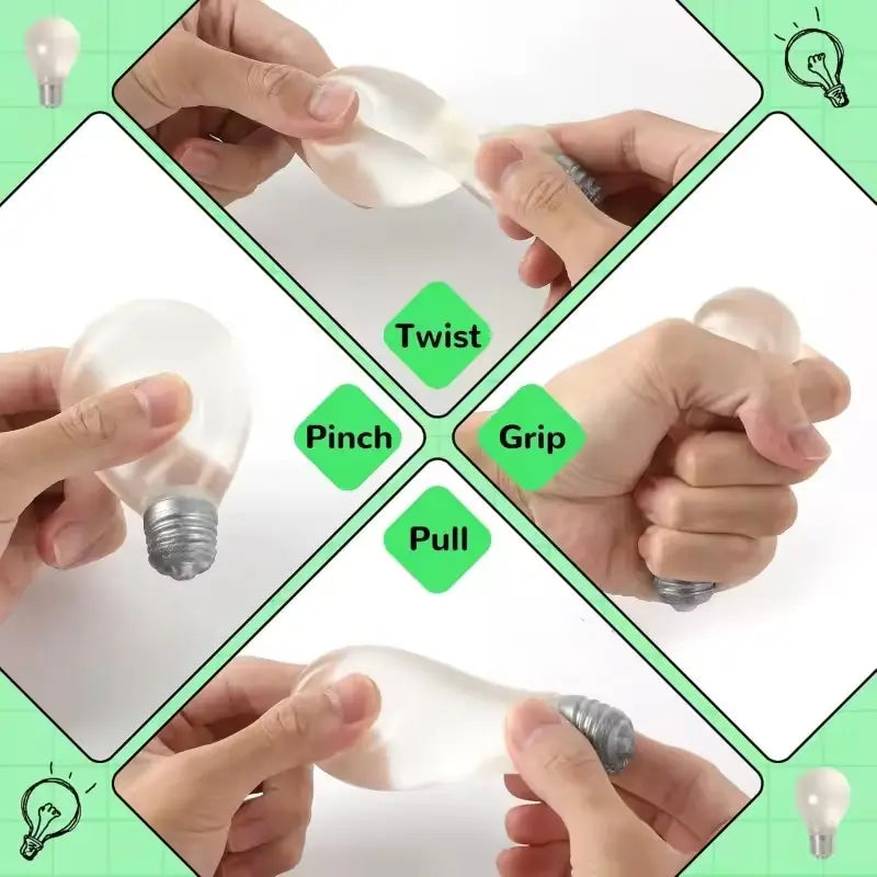 Transparent silicone stress ball shaped like a light bulb with a metallic screw base used as a light bulb squeeze toy sensory stress reliever.