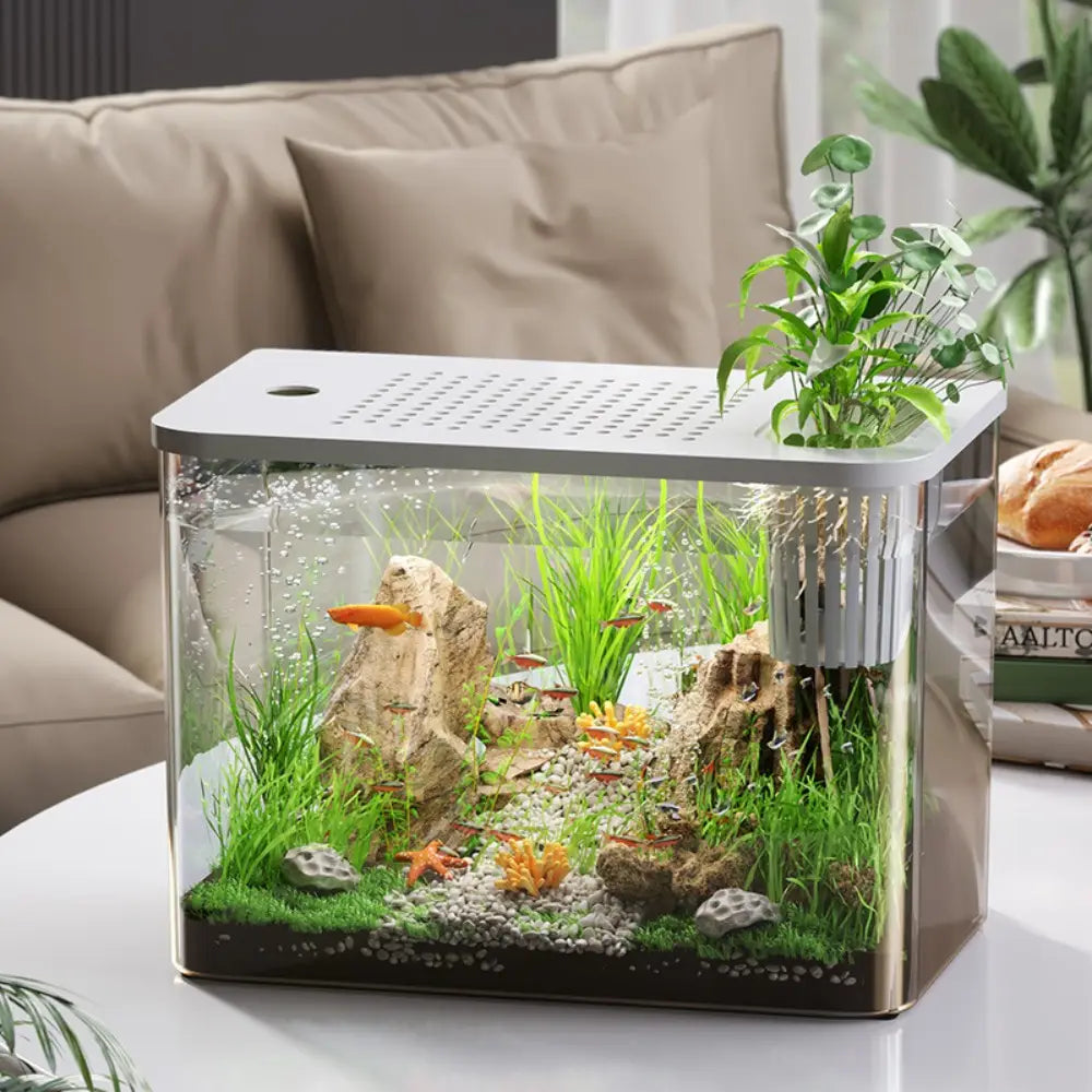 moderna pecera rectangular transparente para mascotas y de ABS, con laterales de vidrio transparente, tapa perforada blanca con soporte integrado para plantas y un interior vibrante con plantas acuáticas verdes, peces naranjas, piedras y grava decorativa