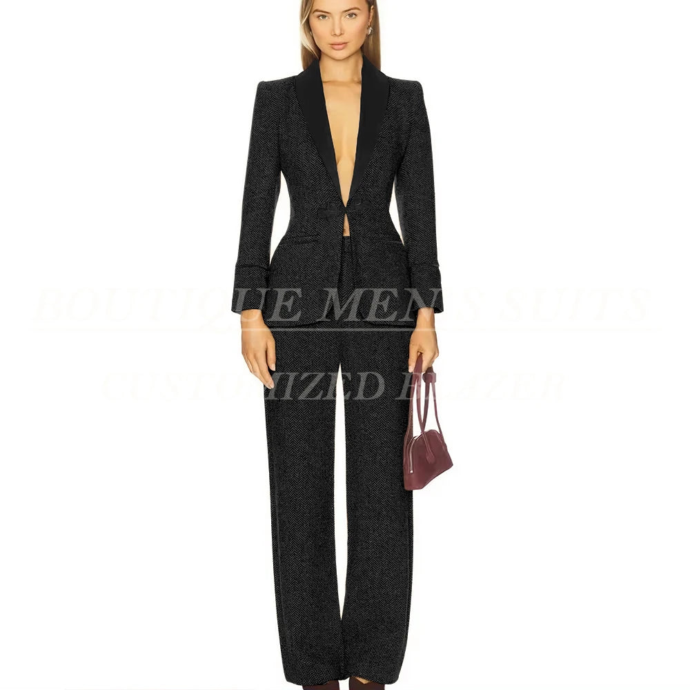 Formal Women's Suits Tweed Single Button Shawl Lapel Slim Fit 2 Piece Jacket Pants Luxury Office Lady Female Clothing Outfits