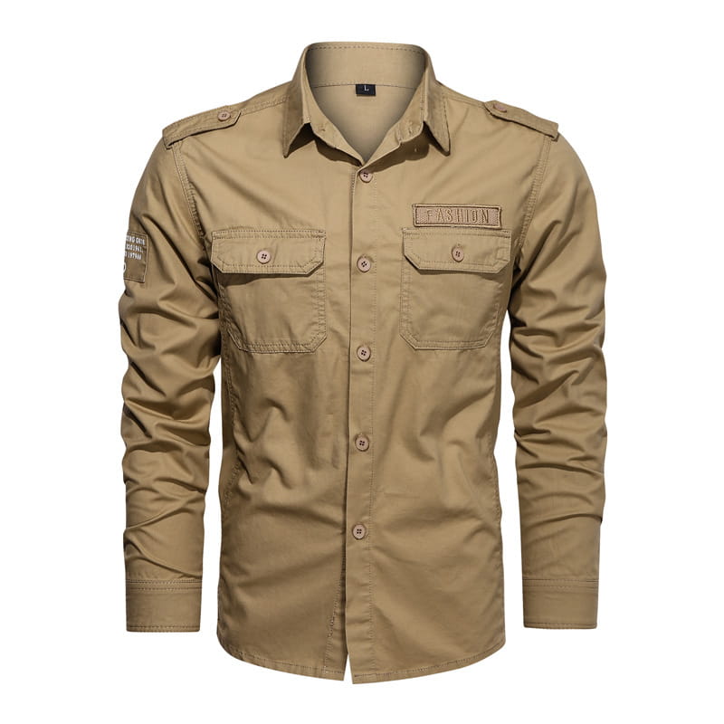 Khaki-colored men cotton casual long sleeve military cargo shirt with two chest pockets and shoulder epaulets.