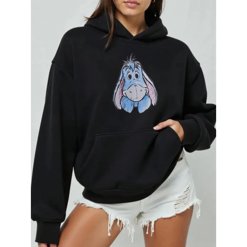 Cartoon Women Hoodies Winnie The Pooh And Honey Eeyore Hoodies Tops Long Sleeve Pockets Fashion Hooded Winter Sweatshirts