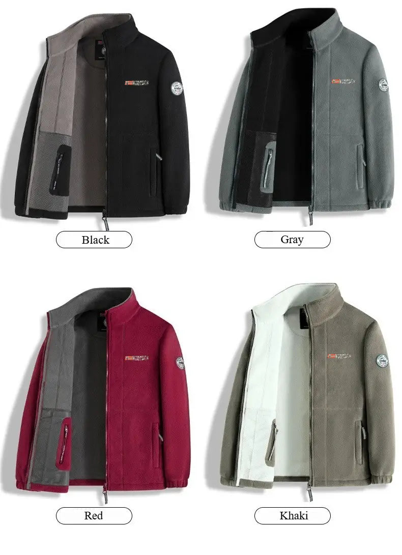 Chaqueta de invierno de forro polar para hombre, ropa de abrigo y exterior cálida, en negro con cuello alto, bolsillos frontales con cremallera y detalles en gris en los laterales y las mangas.