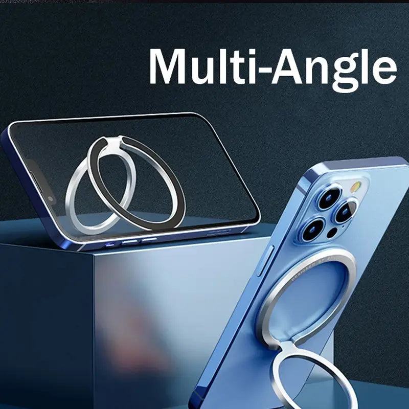 Anillo soporte magnético para teléfono plateado MagSafe, mostrado desde el reverso, con posicionamiento ajustable de múltiples ángulos y agarre magnético para una sujeción segura.