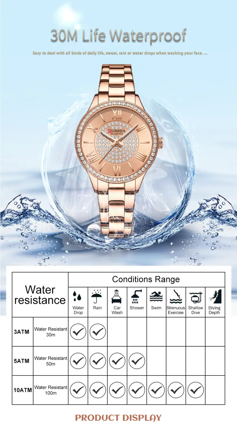 Rose gold-toned Curren women stainless steel crystal quartz watch with diamond-encrusted bezel and roman numeral dial.