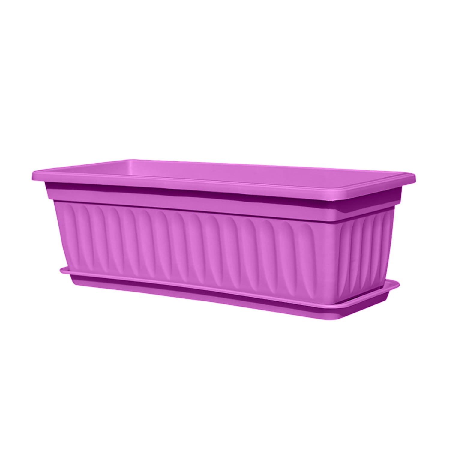 Una vibrante maceta rectangular de plástico morado, con detalles acanalados verticales y una bandeja a juego, diseñada como bandejas para semillas para la descripción del producto de jardinería.