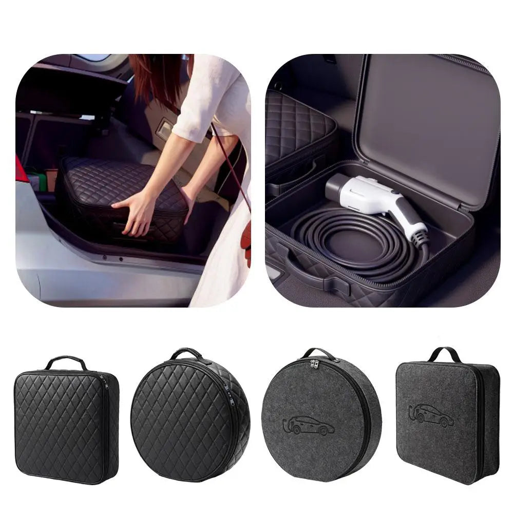 Bolsa de almacenamiento de cables de carga para vehículos eléctricos, de cuero acolchado negro, con un diseño compacto y elegante y detalles sutiles de logotipo automotriz.