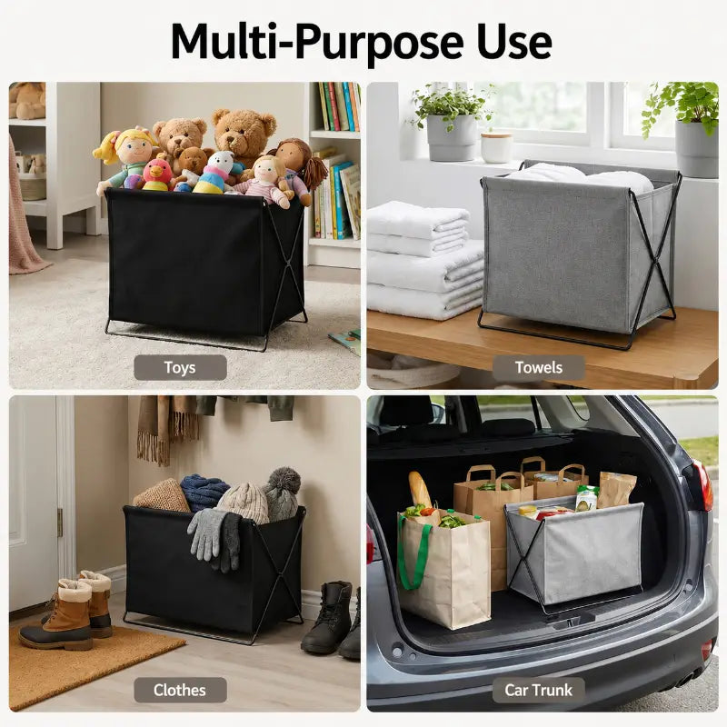 Black fabric storage basket with a foldable design and sturdy black metal frame for organized storage.