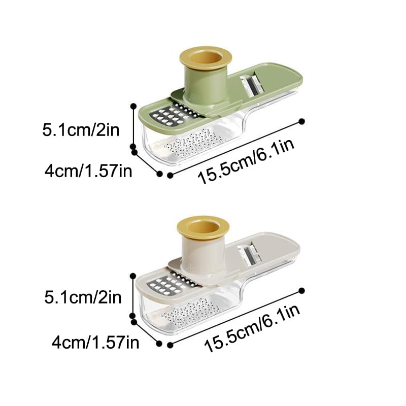 Hachoir à ail multifonction élégant et coupe-légumes en acier inoxydable avec corps en plastique vert sauge mat et transparent, rehaussé de composants métalliques ton or, pour un broyage efficace de l’ail.