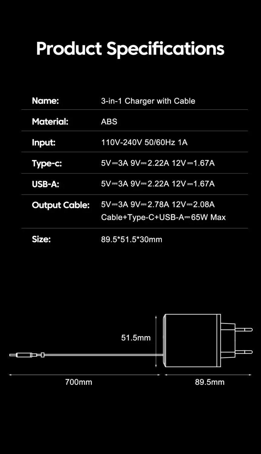 Cargador rápido para teléfono con cable retráctil de plástico ABS negro, con diseño 3 en 1 y función de cargador de tipo C USB-A y enchufe estándar.