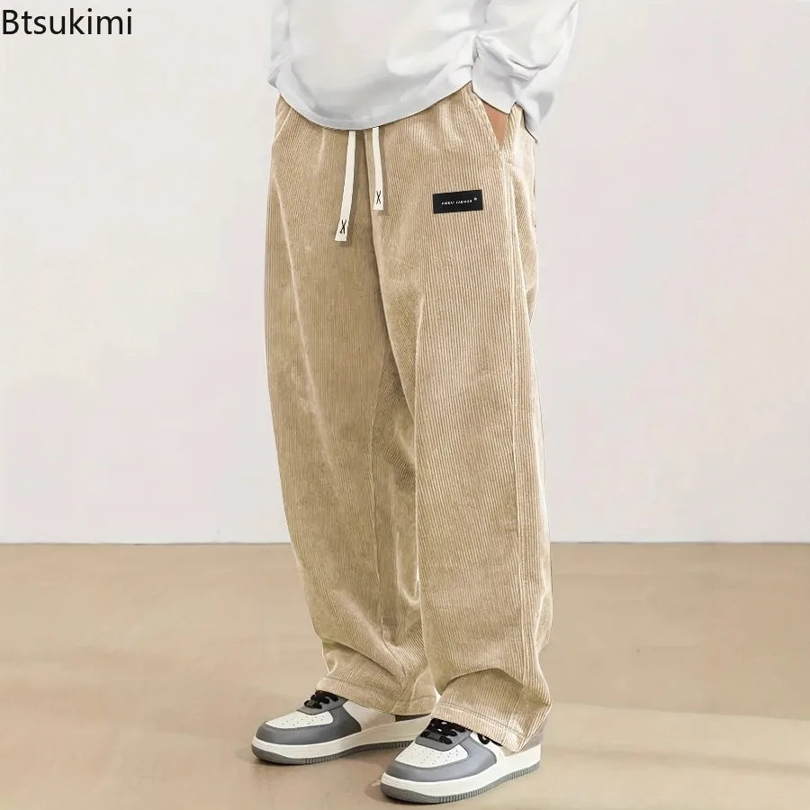New Men's Comfortable Casual Pants Spring and Autumn New Style Loose Fit Velvet Fabric Solid Color Loose Long Trousers for Men