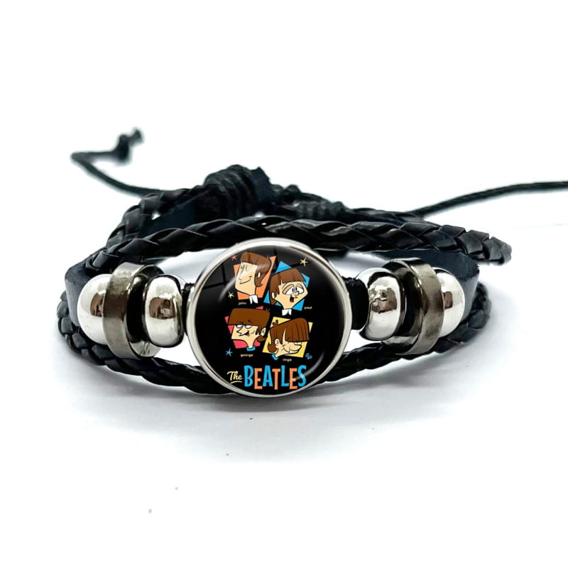 Black braided leather Beatles leather braided bracelet with silver-toned metal beads and a circular glass dome charm featuring cartoon illustrations of the Beatles.